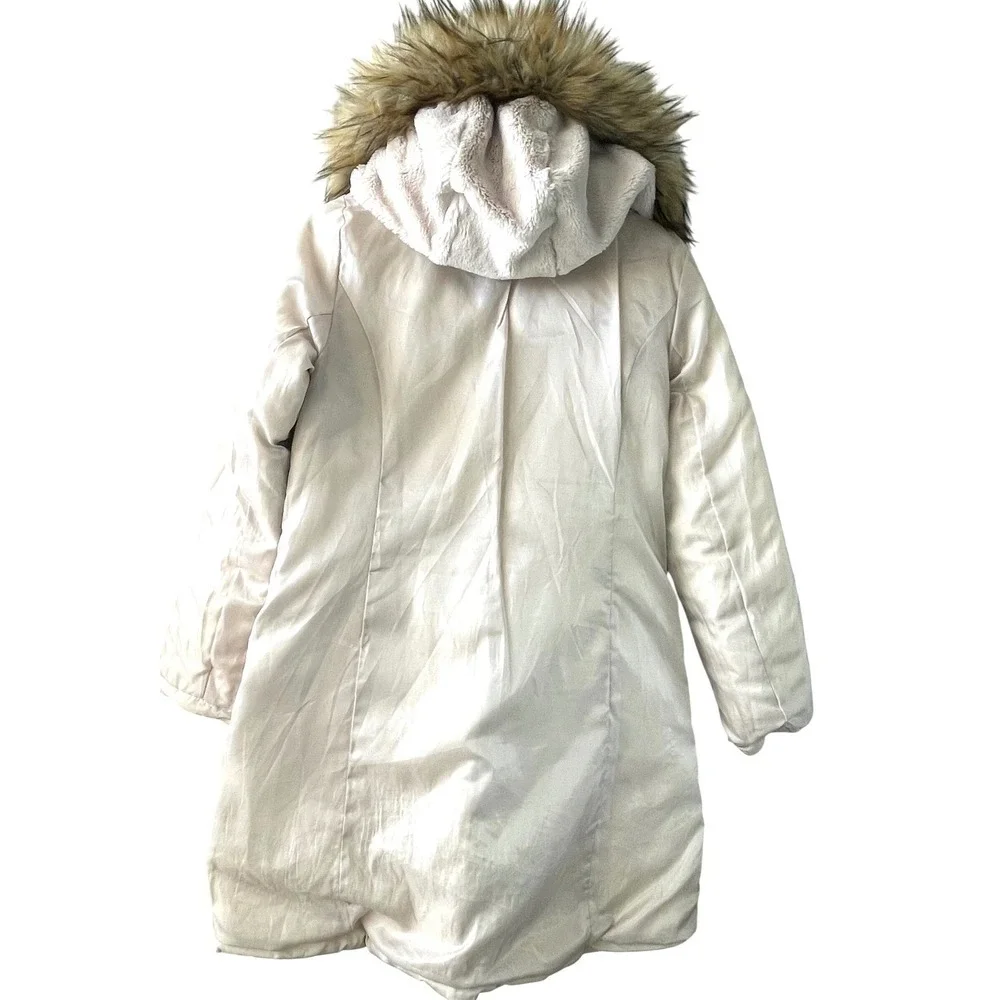 Jones New York Women's Cream Quilted‎ Faux Fur Hood Puffer Coat Size S